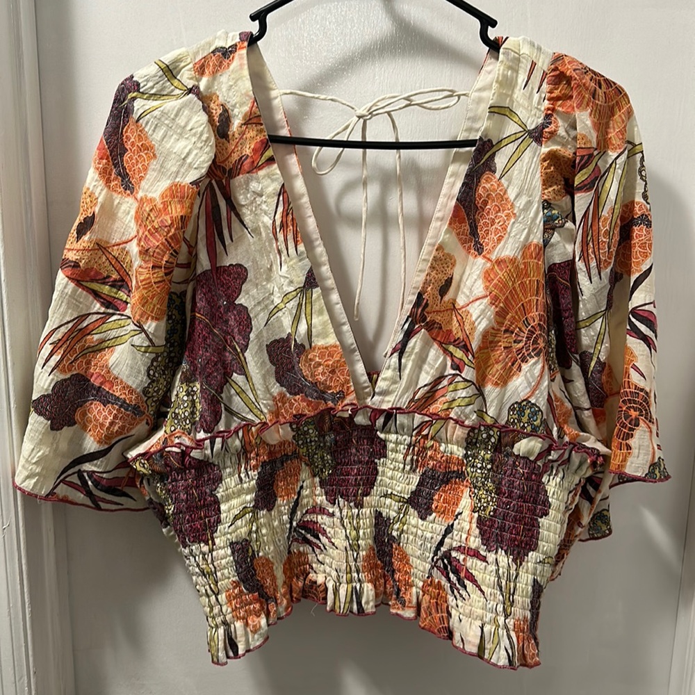Anthropologie Cream Floral Smocked V-Neck Blouse
